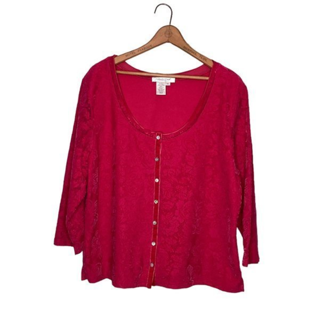 Coldwater Creek Size XL Pink Flocked Lace Lined Scoop Neck Cardigan Sweater